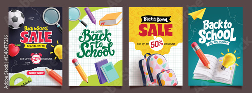 Back to school sale clipart poster set. School sale promo discount offer with educational materials, elements and items clip art for shopping advertising banner collection vector illustration. 
