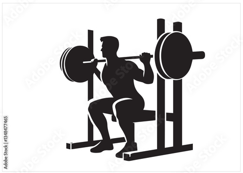 A black-and-white silhouette of a person performing a seated barbell shoulder press using a squat rack. It appears to be a stylized fitness or gym-related graphic isolated  Vector