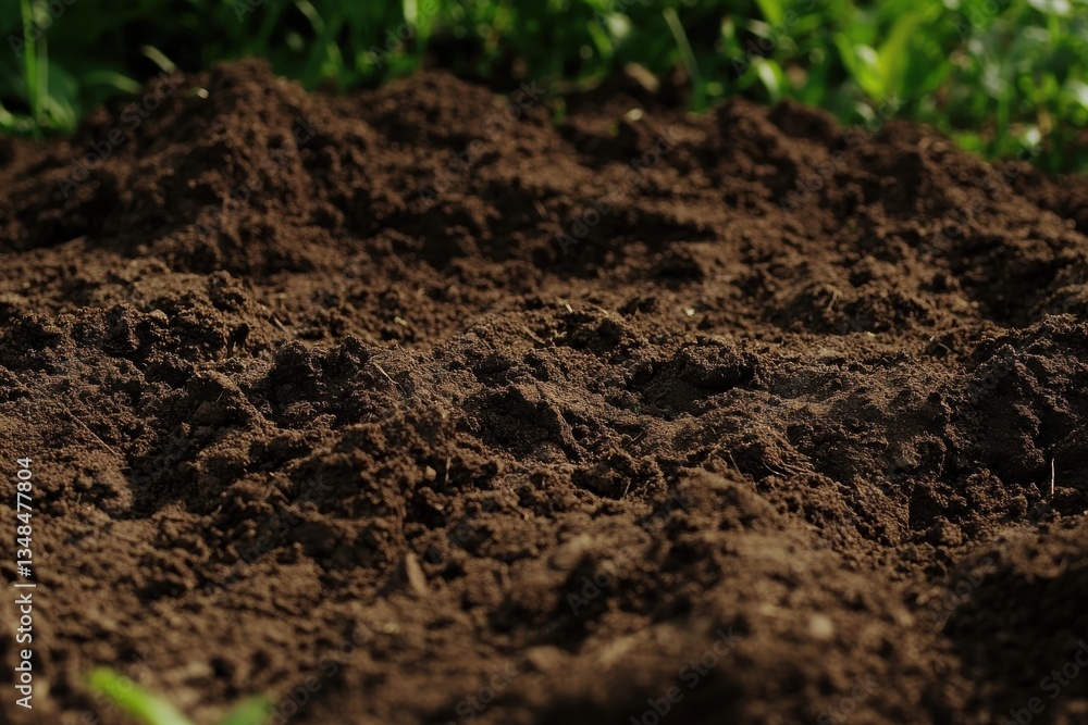 Rich, dark soil enriched by nature's elements during the vibrant spring season Rich, dark soil enriched by nature's elements during the vibrant spring season