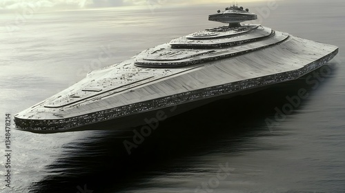 A large spaceship floats serenely upon the surface of water