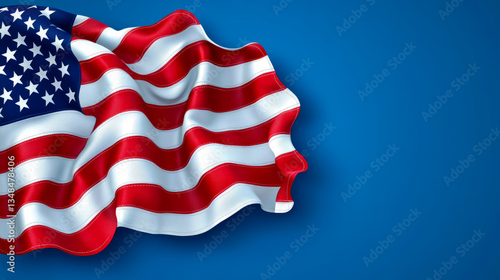 Obraz premium Patriotic Banner: Waving National Emblem Against Blue Backdrop For Print, Poster, Card Design.