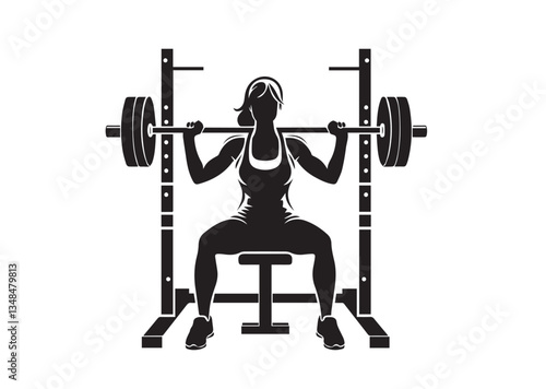 A black-and-white silhouette of a person performing a seated barbell shoulder press using a squat rack. It appears to be a stylized fitness or gym-related graphic isolated  Vector