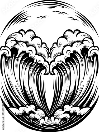 Ancient gods confronting demons, illustrated in SVG and vector format.Artistic Black and White Illustration of Ocean Waves and Clouds
