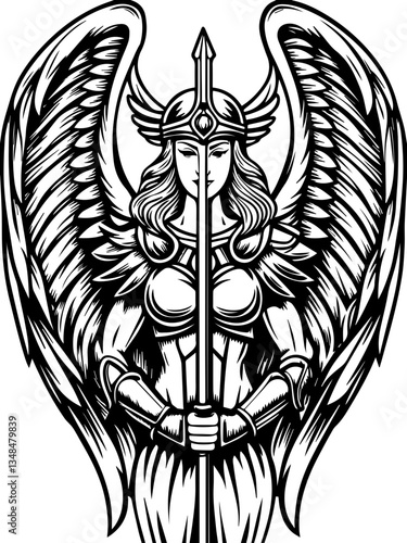Ancient gods confronting demons, illustrated in SVG and vector format.Majestic Winged Warrior With Sword and Elegant Armor Design