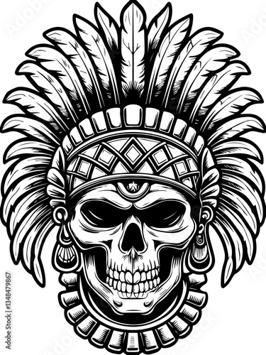Ancient gods confronting demons, illustrated in SVG and vector format.Detailed Illustration of an Aztec Skull with Feathered Headdress