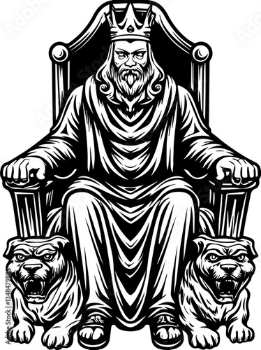 Ancient gods confronting demons, illustrated in SVG and vector format.King Sitting on Throne with Fierce Dogs in Monochrome Style