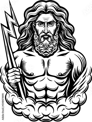 Ancient gods confronting demons, illustrated in SVG and vector format.Illustrative Design of a Mythical Figure with Lightning Bolt