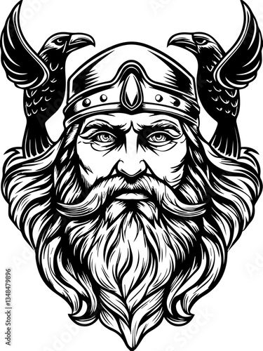 Ancient gods confronting demons, illustrated in SVG and vector format.Detailed Viking Warrior Portrait with Ravens in Black and White