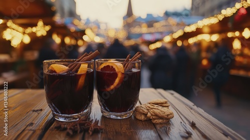 Photography "At a Christmas market illuminated at night in December, two glasses of hot mulled spicy wine with cookies