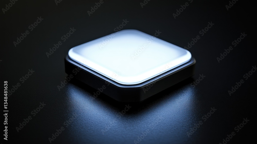 A glowing square object rests on a dark reflective surface A glowing square object rests on a dark reflective surface