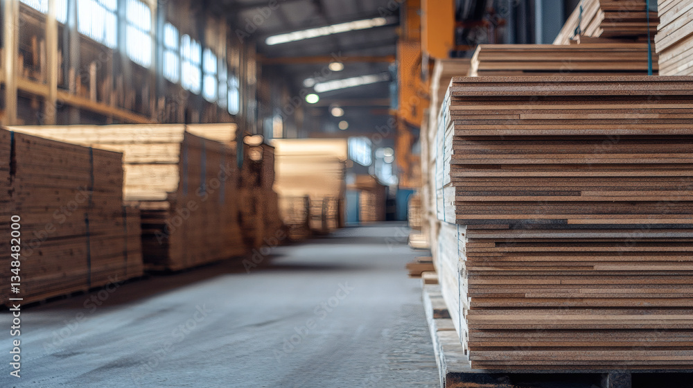 Stacked Lumber Planks in an Industrial Warehouse with Yellow Overhead Beams and Soft Lighting in a Construction Material Background Stacked Lumber Planks in an Industrial Warehouse with Yellow Overhead Beams and Soft Lighting in a Construction Material Background