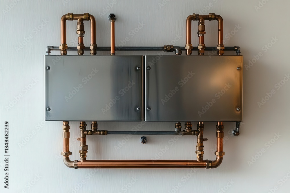 contemporary wallmounted hydronic heating system in brushed steel finish showcasing sleek industrial design with precision copper piping against minimalist white wall bathed in cool led lighting