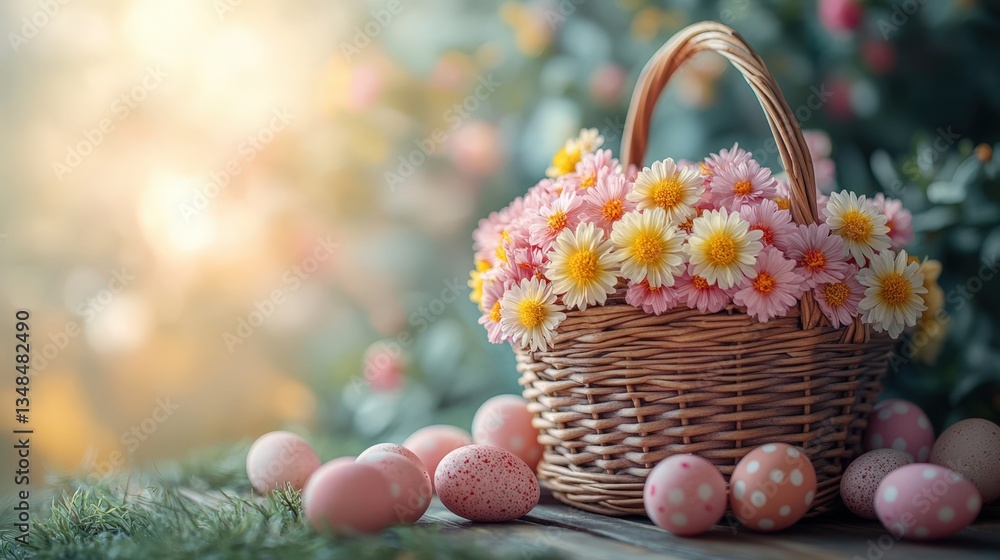 Happy Easter-A wicker basket filled with pastel-colored Easter eggs sits in a field of pink and yellow flower. Happy Easter-A wicker basket filled with pastel-colored Easter eggs sits in a field of pink and yellow flower.