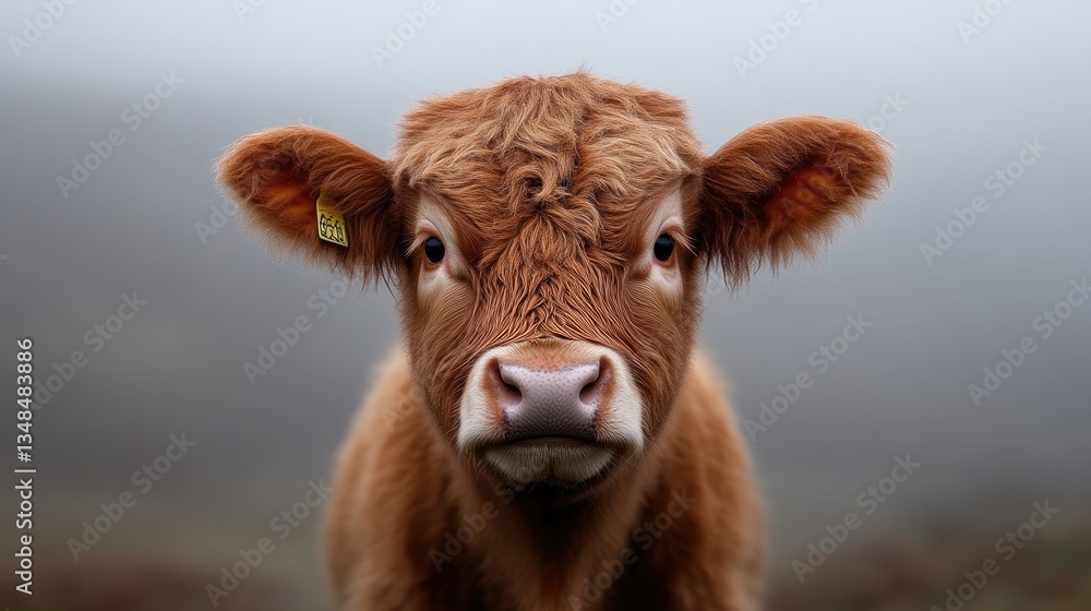 Close-up of a young, reddish-brown calf, facing forward with curious gaze. Soft-focus background Close-up of a young, reddish-brown calf, facing forward with curious gaze. Soft-focus background