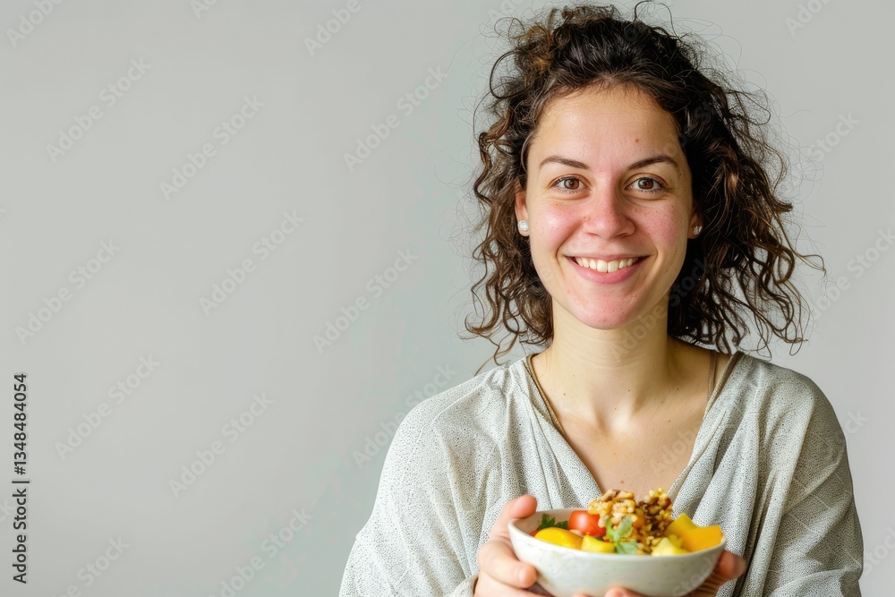 Detailed Picture of Portrait of Woman Holding Food Against White Background Detailed Picture of Portrait of Woman Holding Food Against White Background