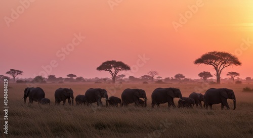 Elephants grazing peacefully at sunset in a serene African savanna landscape