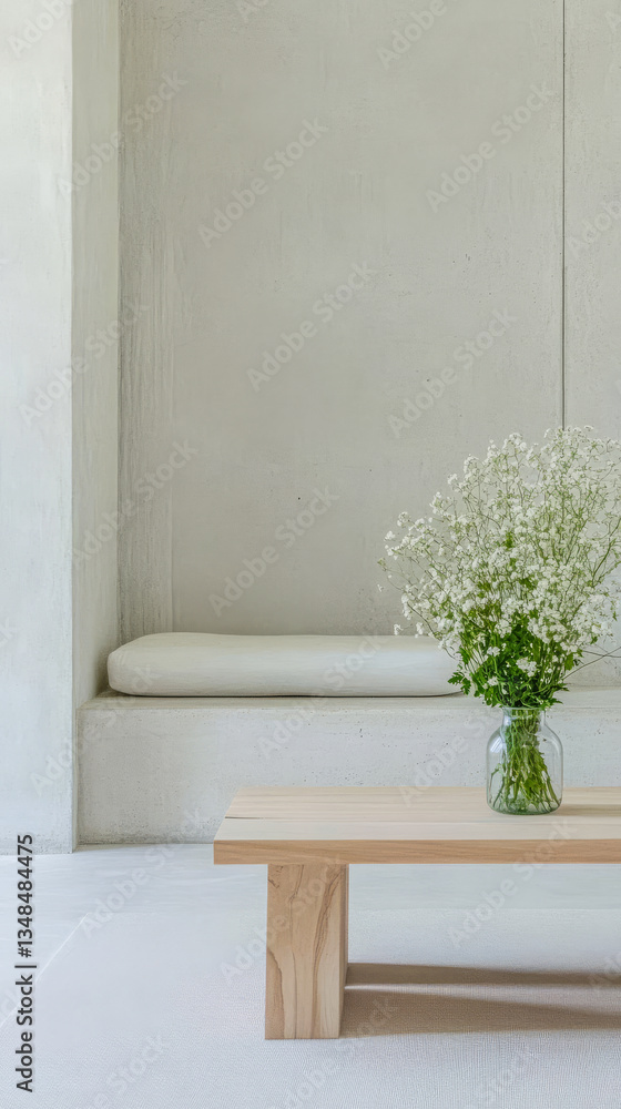 Fototapeta premium Modern minimalistic interior with a wooden table and flowers in a serene setting