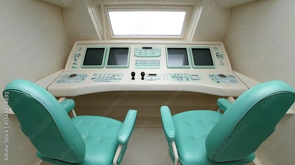 A clean and futuristic cockpit with two plush seating chairs A clean and futuristic cockpit with two plush seating chairs