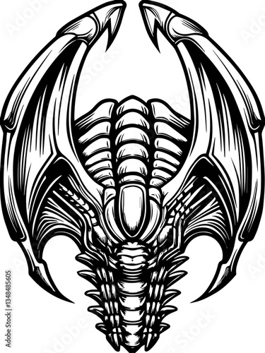 Cybernetic dragon demons in SVG vector format. Intricate Black and White Dragon Skeleton Design for Artwork