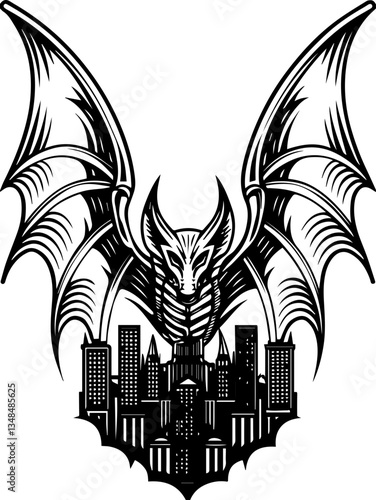 Cybernetic dragon demons in SVG vector format. Intricate Bat Design Over City Silhouette Black and White Art