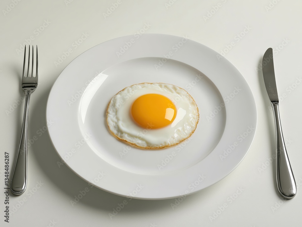 Fried Egg on White Plate with Cutlery Fried Egg on White Plate with Cutlery
