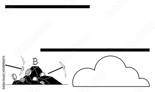 Pickaxes extracting cryptocurrency from rocks, coins with blockchain design, abstract cloud symbol. Ideal for cryptocurrency, blockchain, digital economy, fintech, mining, virtual assets flat simple