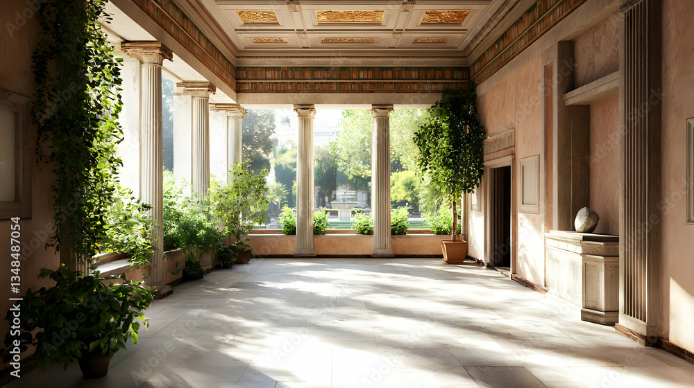 Fototapeta premium Classic Interior With Columns Plants And Sunlight Creating An Elegant And Serene Atmosphere