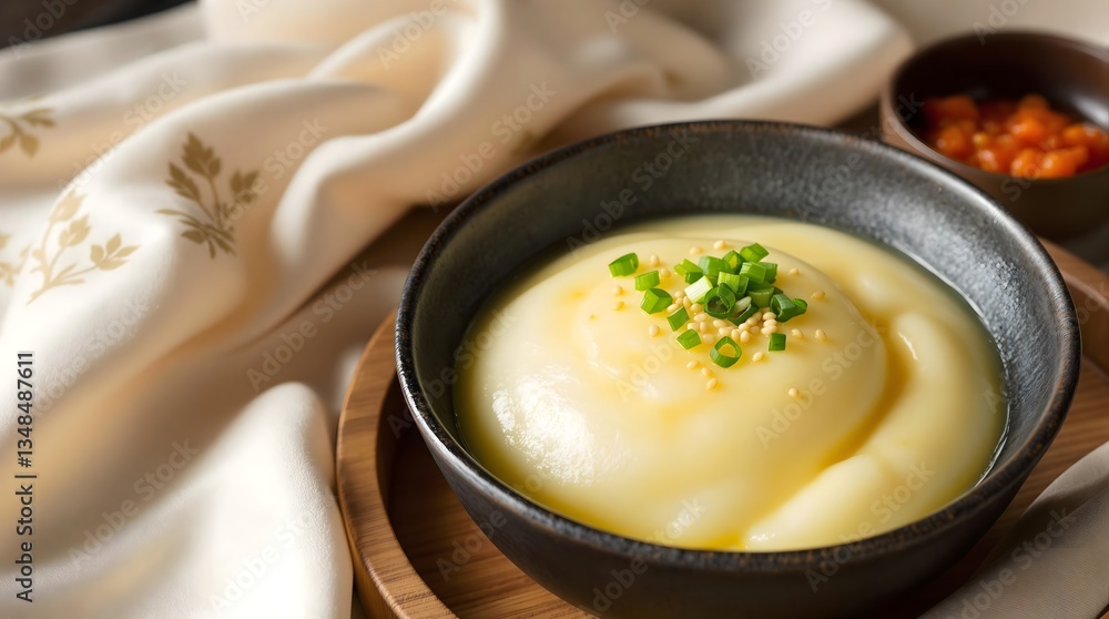 Gyeranjjim Soft Steamed Egg Custard Topped with Green Onions (Korean Cuisine) Gyeranjjim Soft Steamed Egg Custard Topped with Green Onions (Korean Cuisine)
