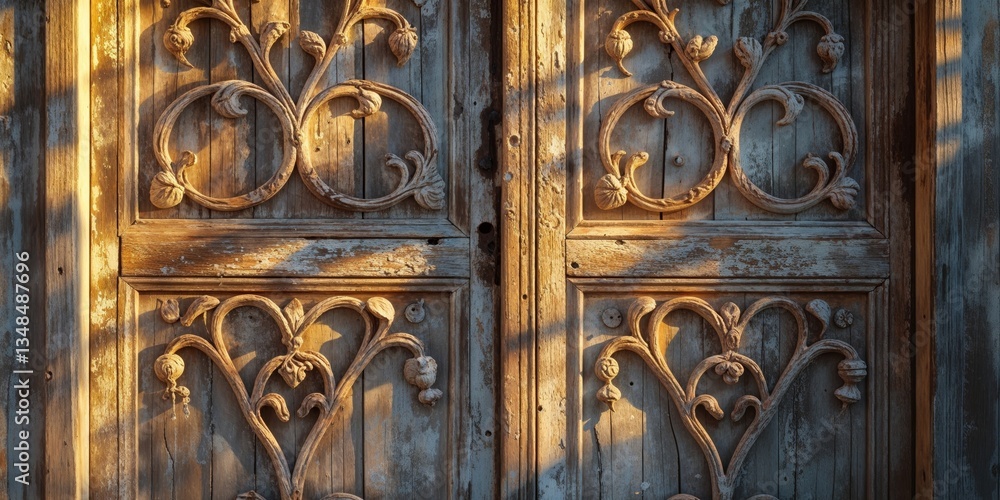 Aged Wooden Door with Intricate Carvings Illuminated by Sunlight. Aged Wooden Door with Intricate Carvings Illuminated by Sunlight.