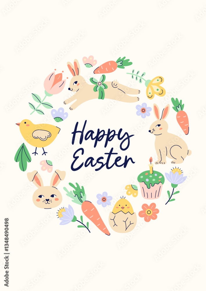 Happy Easter simple card with Bunnies, chickens and eggs. Happy Easter hand drawn Round Frame. Flat illustration with partial outline. Vector illustration. Happy Easter simple card with Bunnies, chickens and eggs. Happy Easter hand drawn Round Frame. Flat illustration with partial outline. Vector illustration.