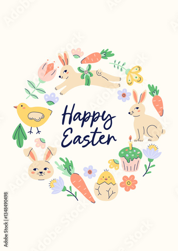 Happy Easter simple card with Bunnies, chickens and eggs. Happy Easter hand drawn Round Frame. Flat illustration with partial outline. Vector illustration.
