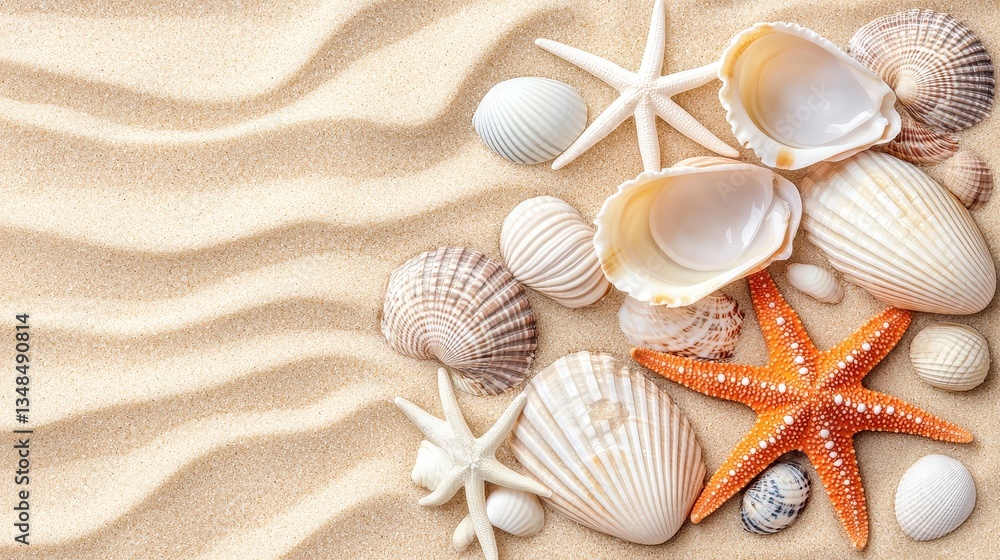 Colorful Seashells and Starfish on Soft Sand Background by the Ocean Shoreline Colorful Seashells and Starfish on Soft Sand Background by the Ocean Shoreline