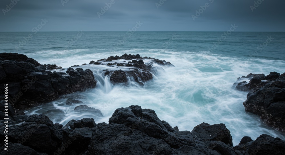 Dramatic seascape with crashing waves against rocky coastline under moody sky Dramatic seascape with crashing waves against rocky coastline under moody sky