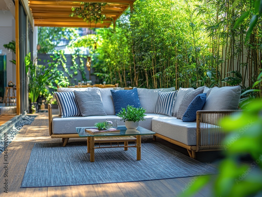 Modern outdoor sectional sofa in a lush garden setting Modern outdoor sectional sofa in a lush garden setting