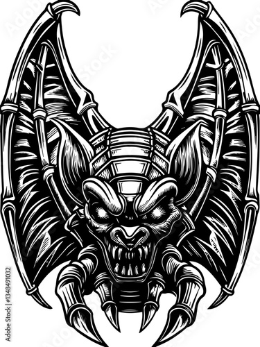 Cyberpunk demons in SVG vector format.Detailed Black and White Illustration of a Bat Emblem Design