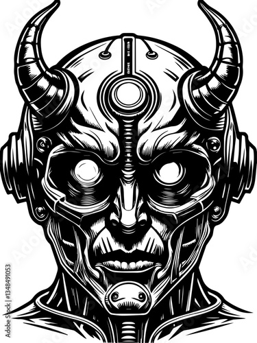 Cyberpunk demons in SVG vector format.Futuristic Demon Robot Head Design with Mechanical Elements