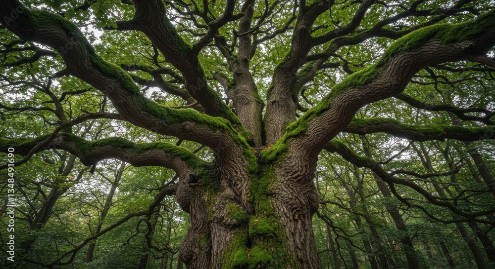 Majestic ancient tree with sprawling branches in lush green forest setting