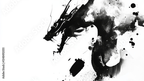 Dynamic black ink abstract art with dragon silhouette, evoking strength and mystery