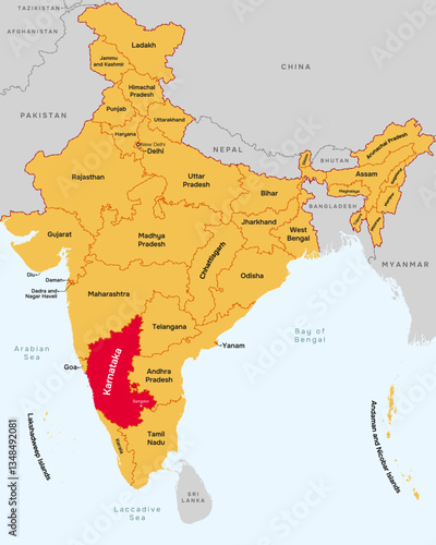 Karnataka state map, India. Editable Vector map silhouette illustration isolated at India, highlighted at Karnataka state, with state name, border, and Bangalor capital city.