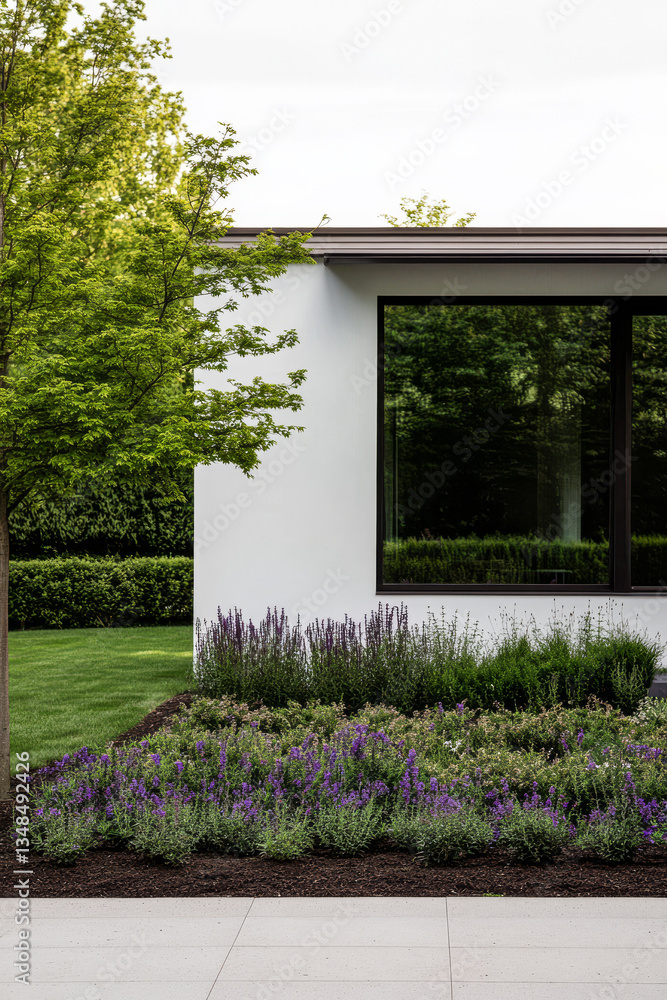 Naklejka premium Modern house design with lush landscaping in green garden setting