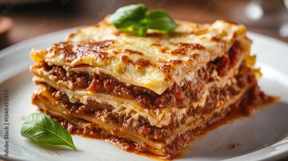 Delicious Homemade Lasagna with Meat Sauce and Fresh Basil Garnish Delicious Homemade Lasagna with Meat Sauce and Fresh Basil Garnish