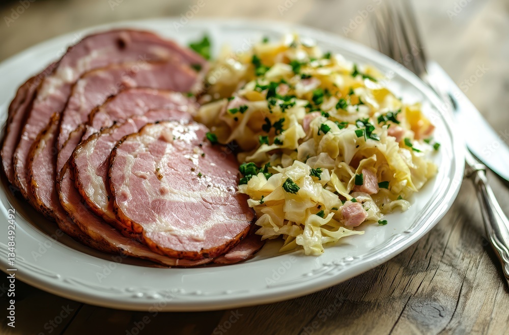 Deliciously Prepared Ham Slices Served with Savory Cabbage Salad on a Rustic Wooden Table Setting Ideal for Culinary Photography or Food Blogs Deliciously Prepared Ham Slices Served with Savory Cabbage Salad on a Rustic Wooden Table Setting Ideal for Culinary Photography or Food Blogs