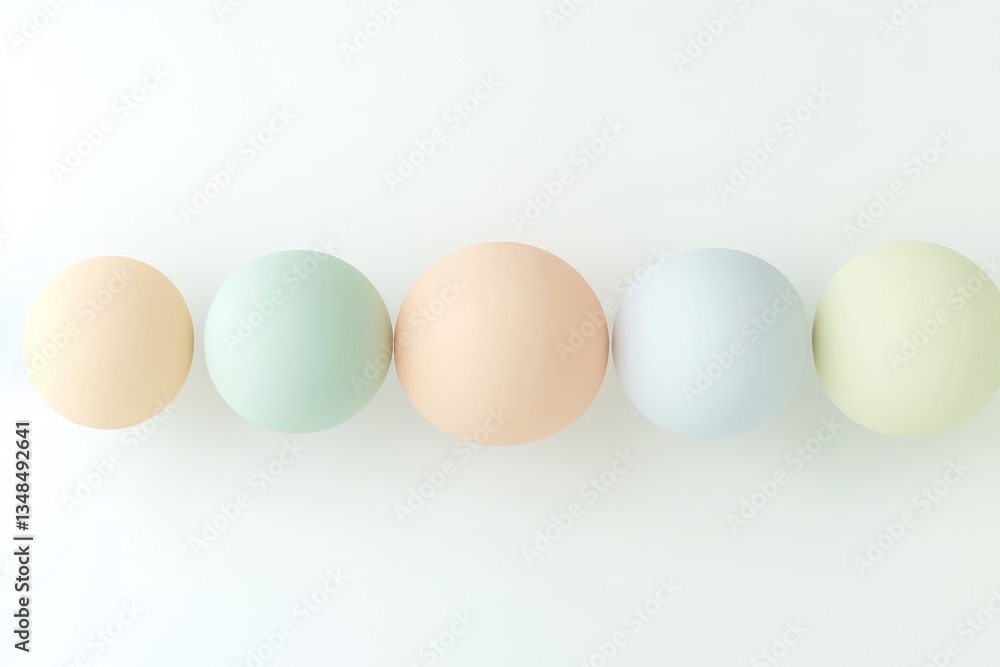 Pastel-colored spheres in a row. Four smooth, round objects in pastel shades of light peach, mint green, pale peach, and light beige sit in a straight line against a white background. Pastel-colored spheres in a row. Four smooth, round objects in pastel shades of light peach, mint green, pale peach, and light beige sit in a straight line against a white background.