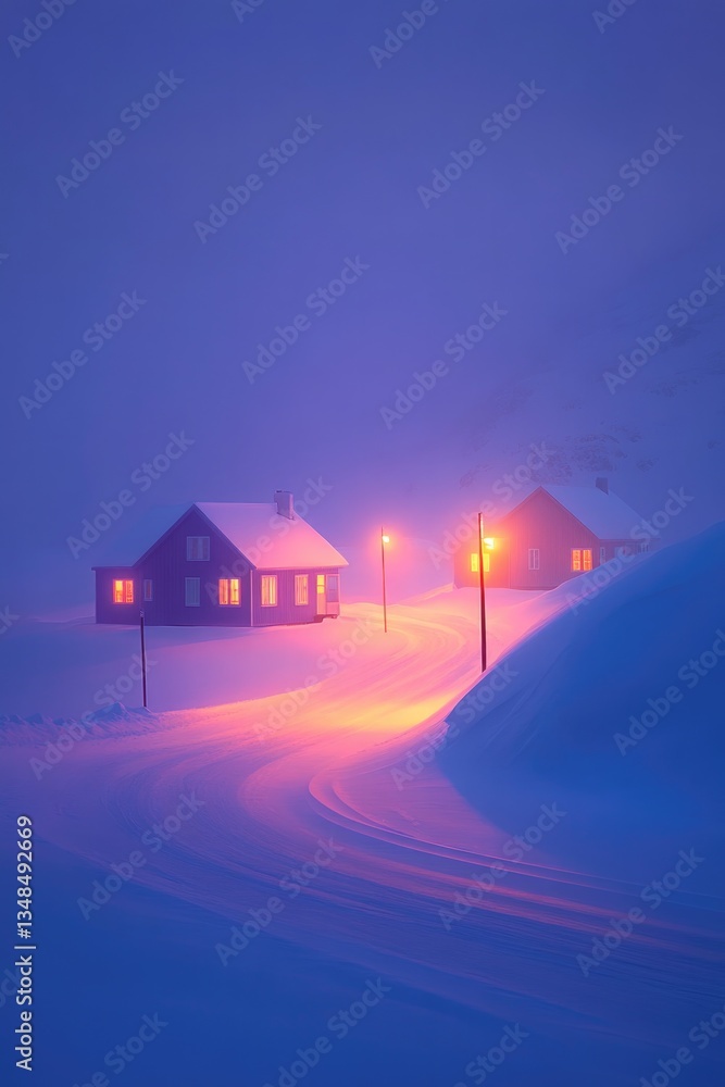 Fototapeta premium Snow-covered houses glow softly amidst serene, snowy landscape a