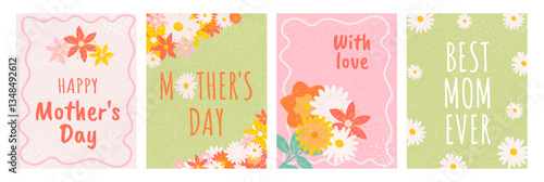 Hand drawn set of cutest cards or posters for Mother's day with Flowers, bouquet and Texture. Handwritten Vector Floral vertical templates for Mother's day
