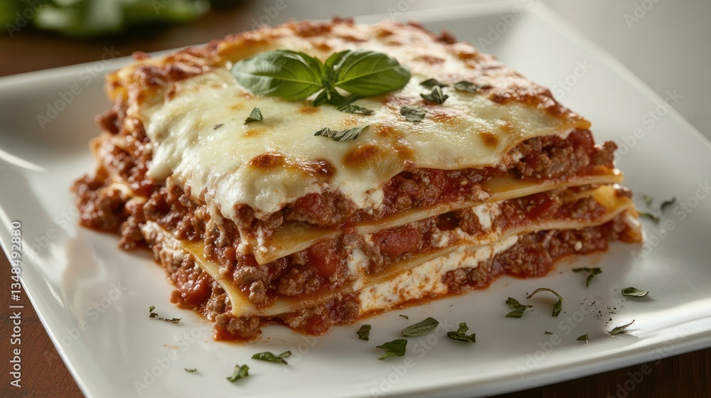 Delicious Homemade Lasagna with Fresh Basil Topping on White Plate Delicious Homemade Lasagna with Fresh Basil Topping on White Plate