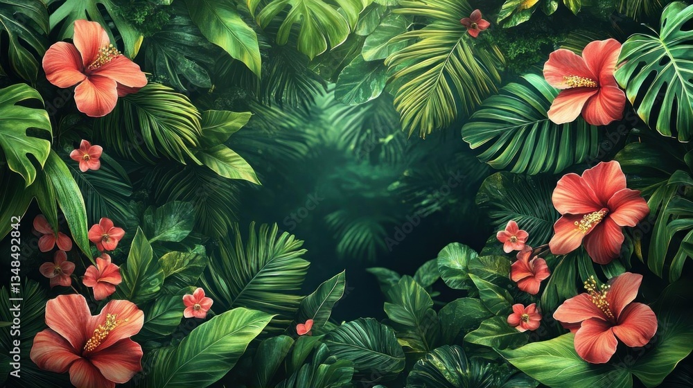 Naklejka premium Lush Tropical Paradise Hibiscus Floral Background