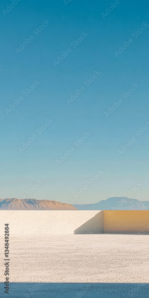 Naklejka premium Bright desert landscape under clear blue sky with distant mountains and modern architecture
