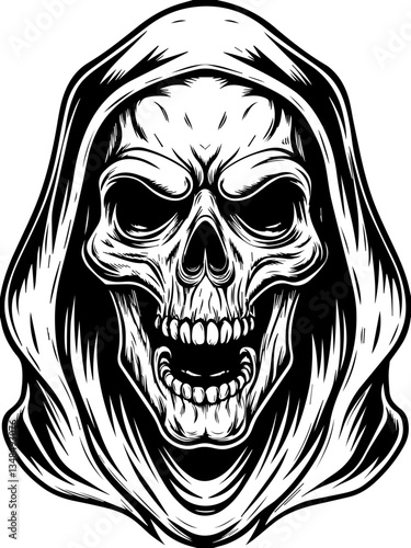 Demon Grim Reaper and Gothic creatures in SVG vector format. Menacing Skull in Dark Cloak with Intense Expression and Detail