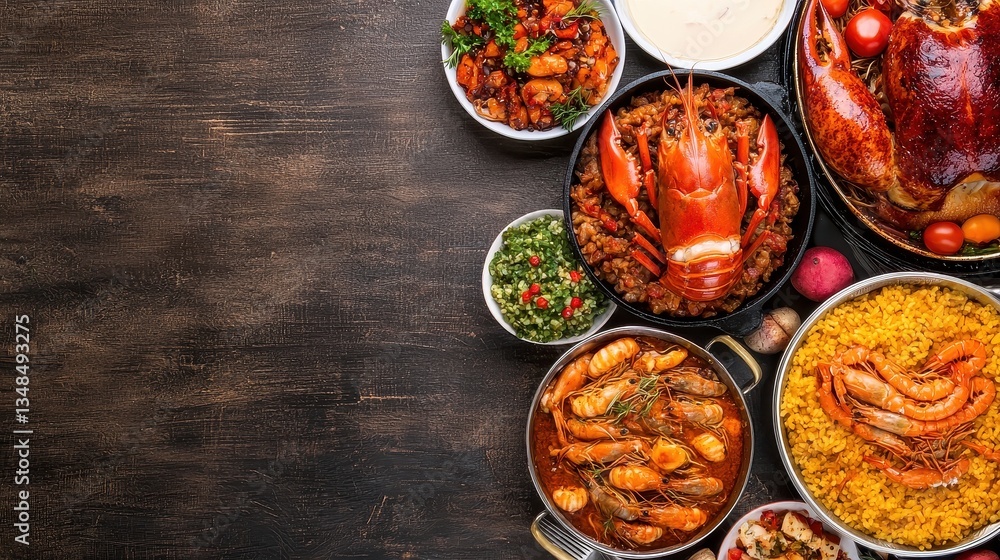 Delicious Festive Spread with Seafood, Poultry, and Colorful Accompaniments on Wooden Table Delicious Festive Spread with Seafood, Poultry, and Colorful Accompaniments on Wooden Table